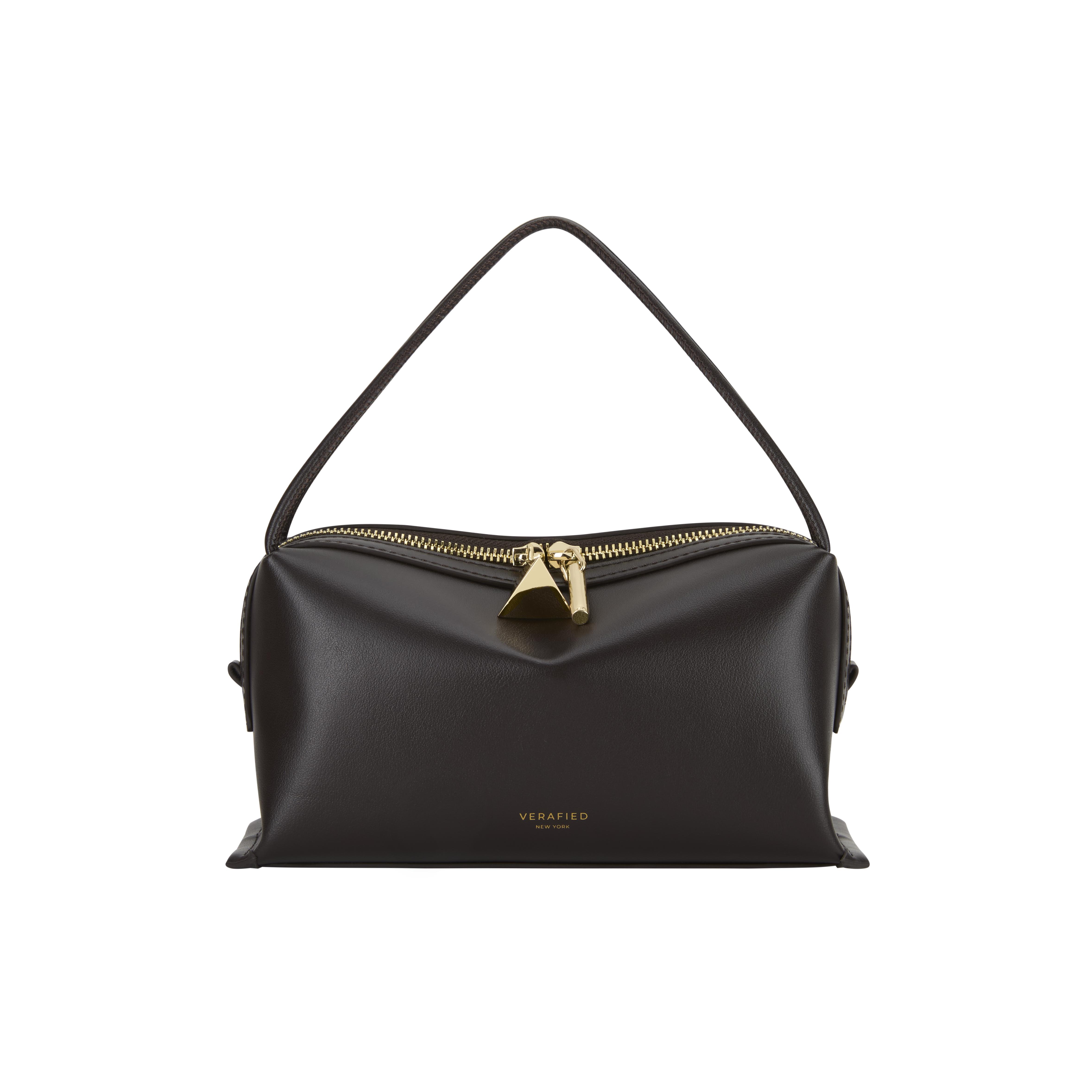 Chocolate Café Mini Crossbody Handbag with gold zipper and handle on a white background