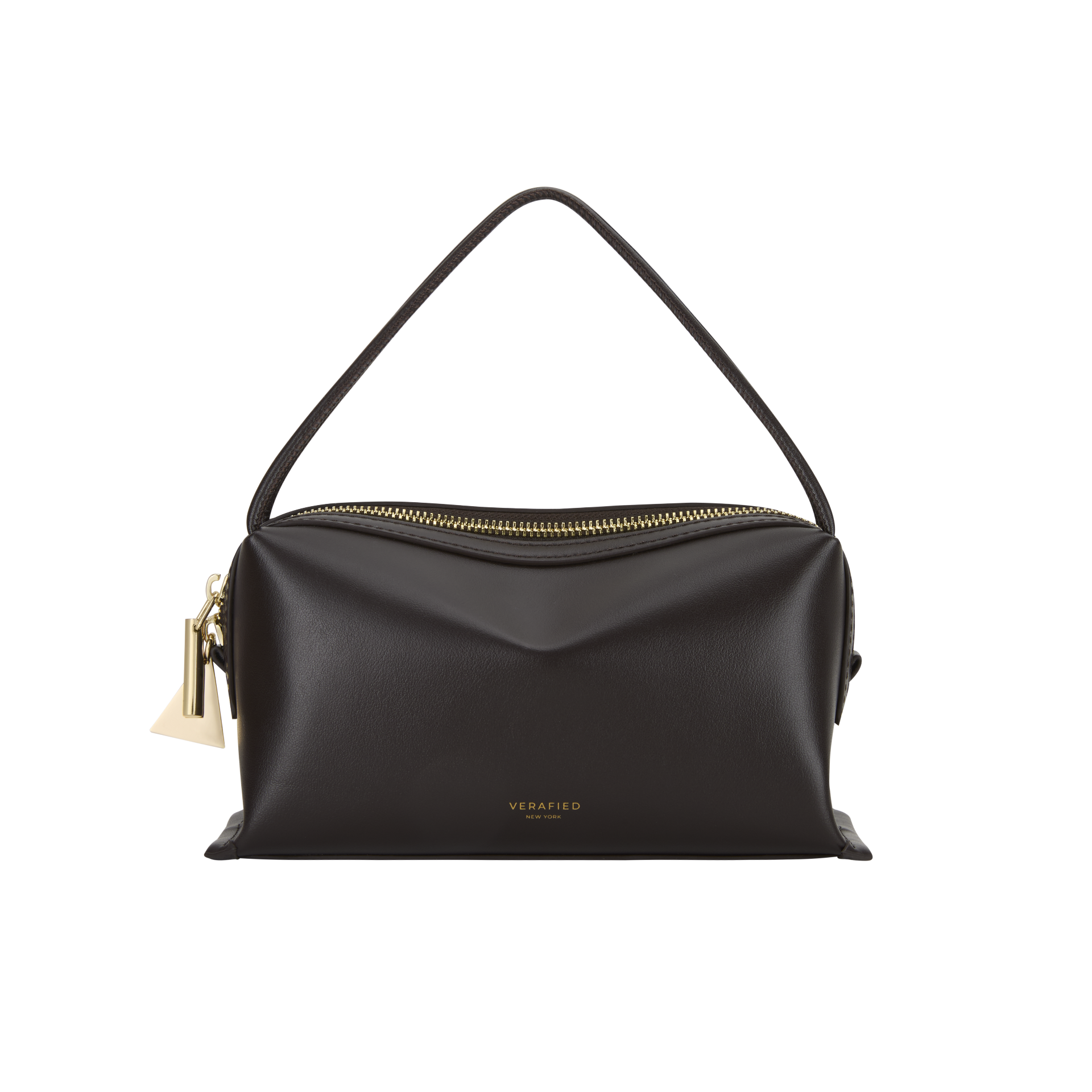 Chocolate Café Mini Crossbody Handbag with gold zipper and 'VERAFIED' branding on a white background