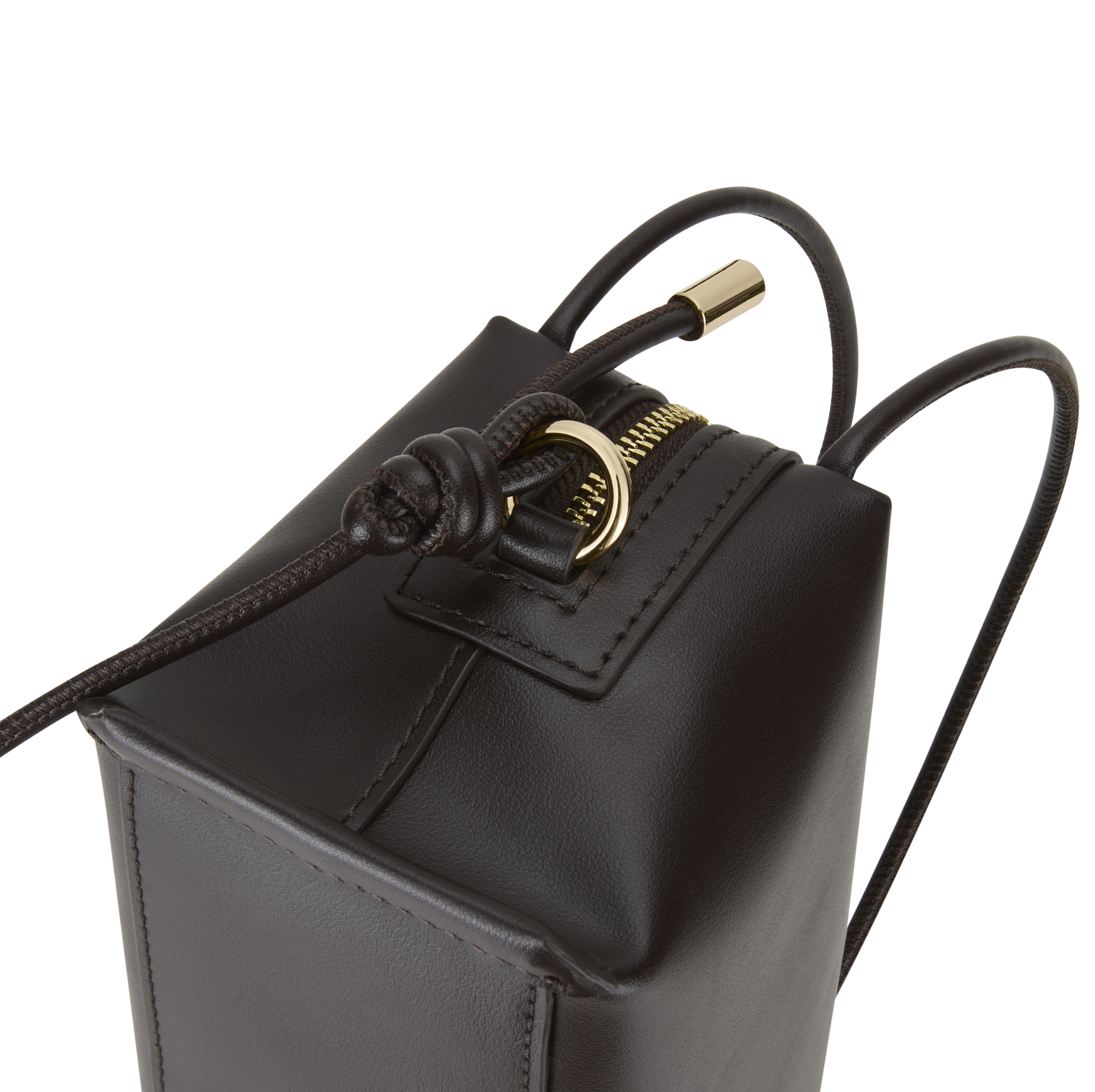Chocolate Café Mini Crossbody Handbag with gold zipper on a white background
