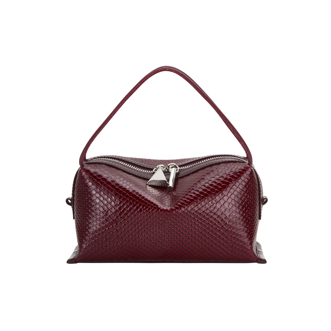 Maroon Python Café Mini Bag: Crossbody Handbag with a silver zipper on a white background