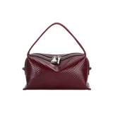 Maroon Python Café Mini Bag: Crossbody Handbag with a silver zipper on a white background
