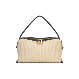 Beige Raffia Café Mini Crossbody Handbag with black trim on a white background