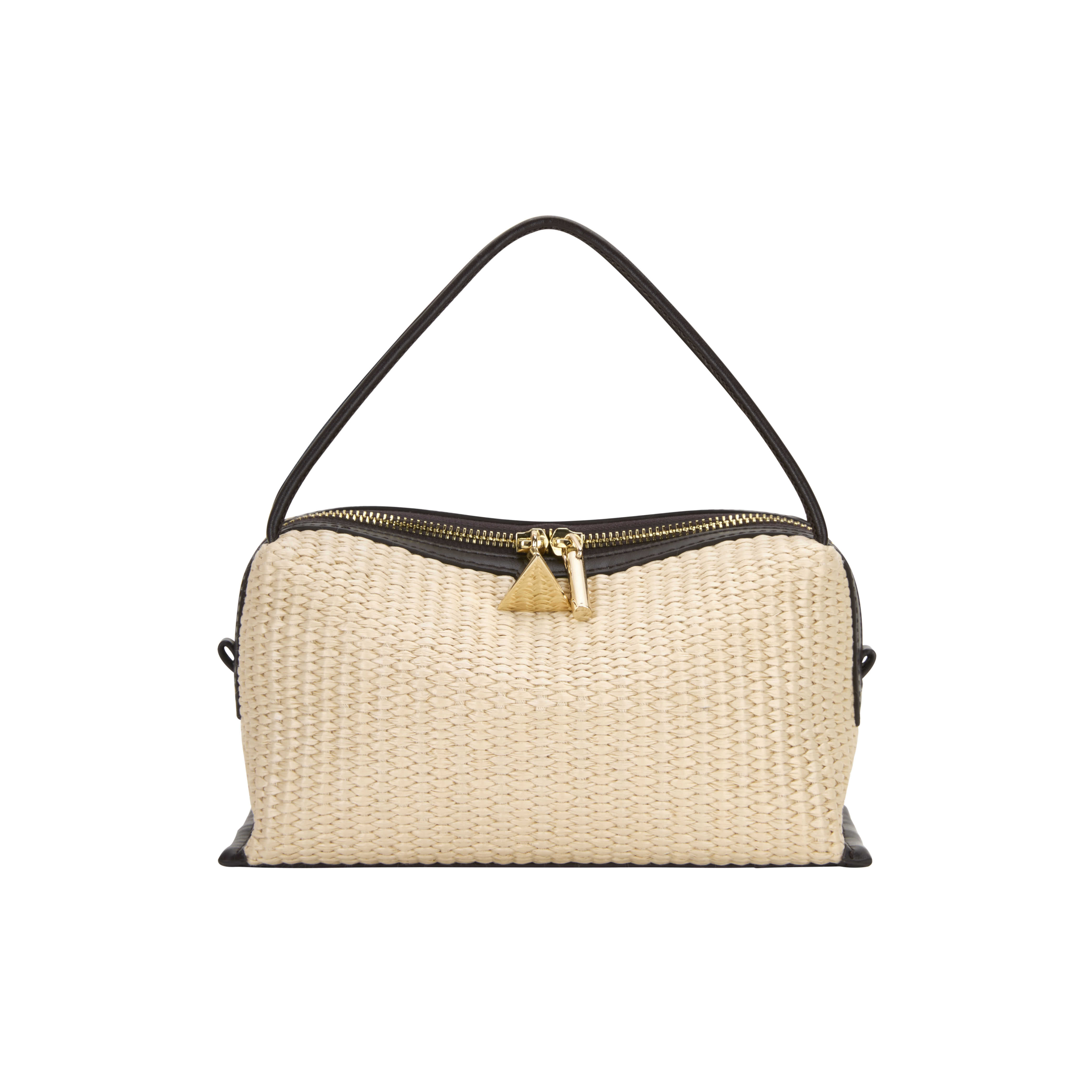 Beige Raffia Café Mini Crossbody Handbag with black trim on a white background