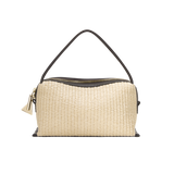 Raffia Café Mini Crossbody Handbag with black handle and trim on a white background