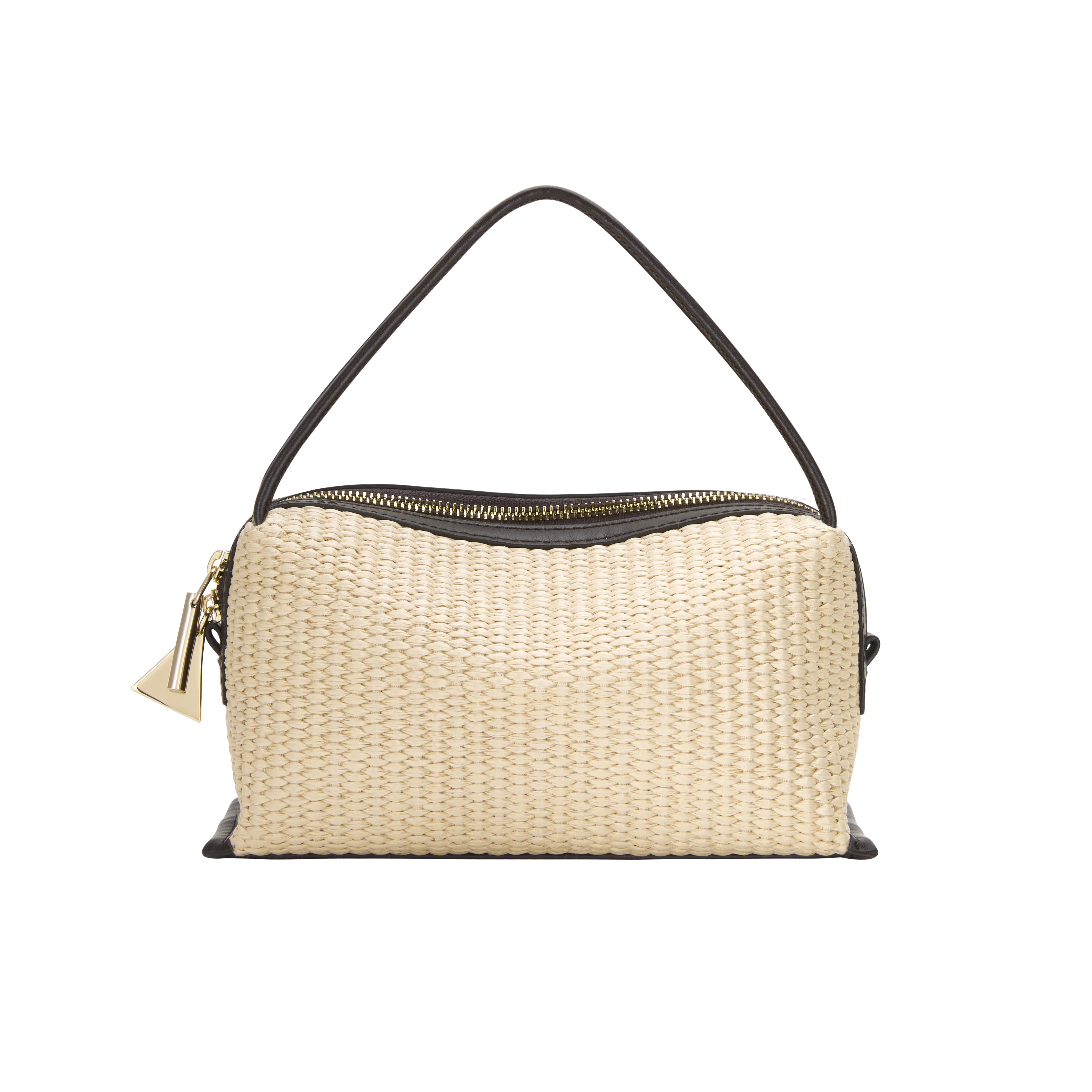 Raffia Café Mini Crossbody Handbag with black handle and trim on a white background