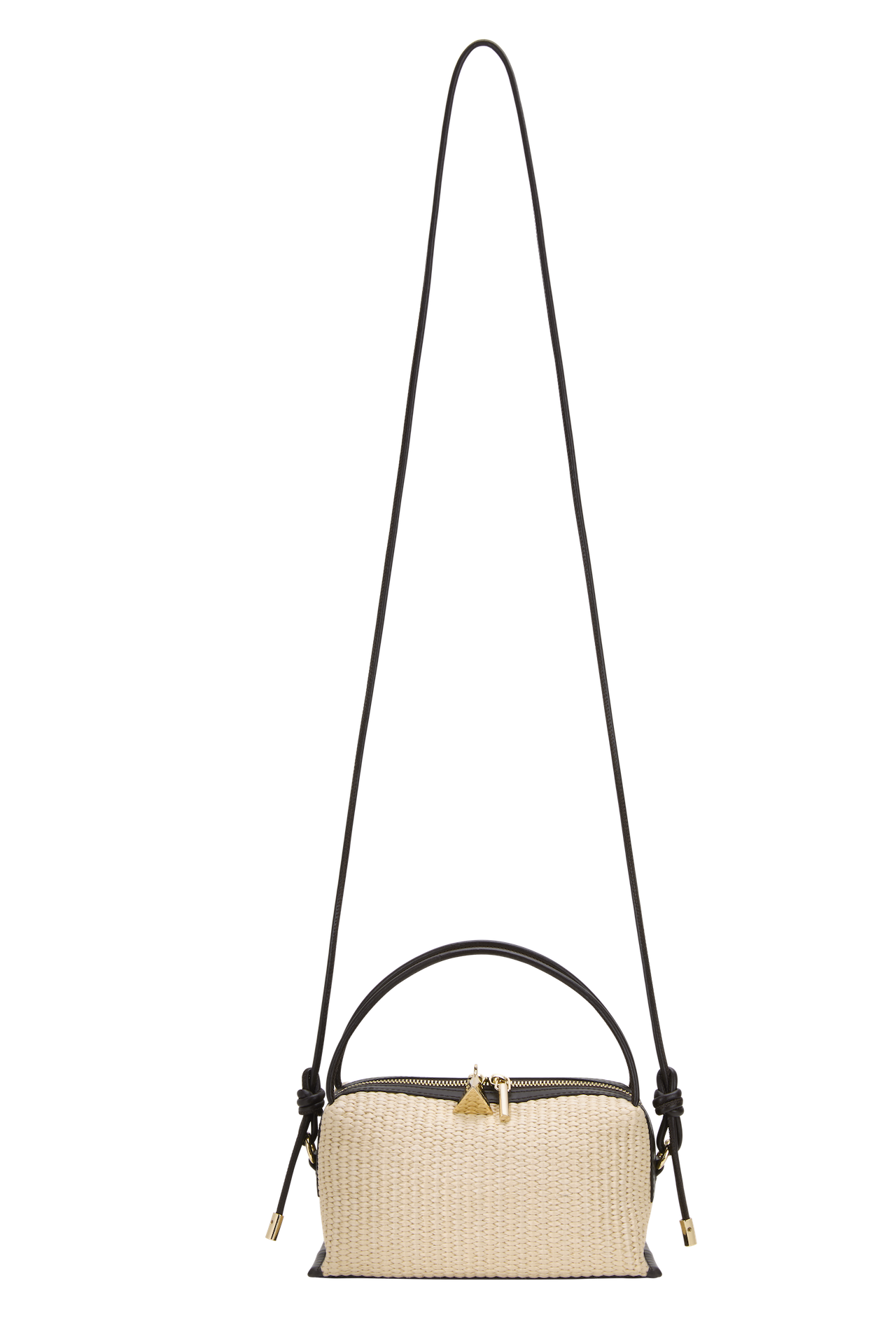 Raffia Café Mini Crossbody Handbag with a long strap on a white background