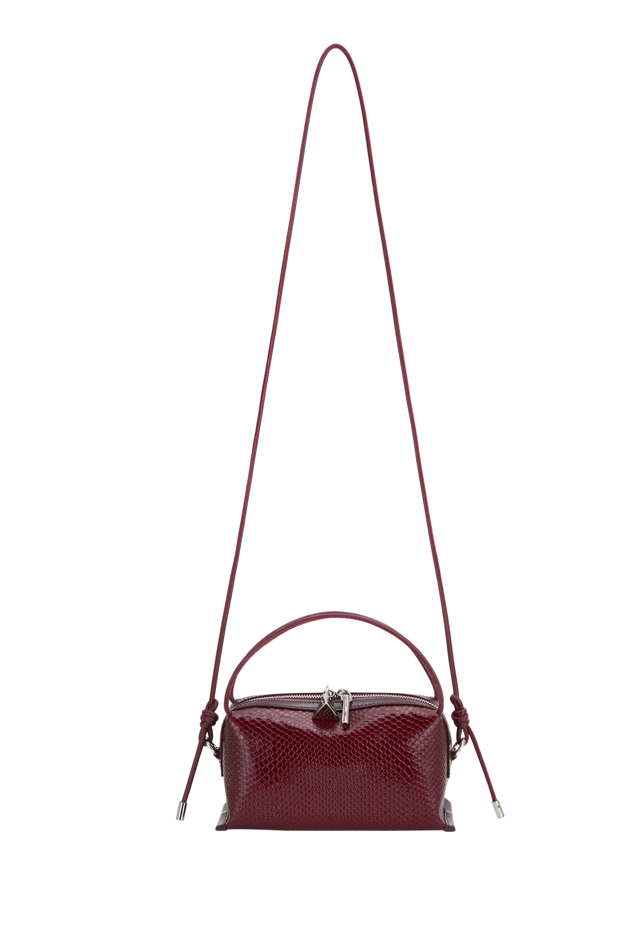 Maroon Python Café Mini Bag: Crossbody Handbag with a strap on a white background