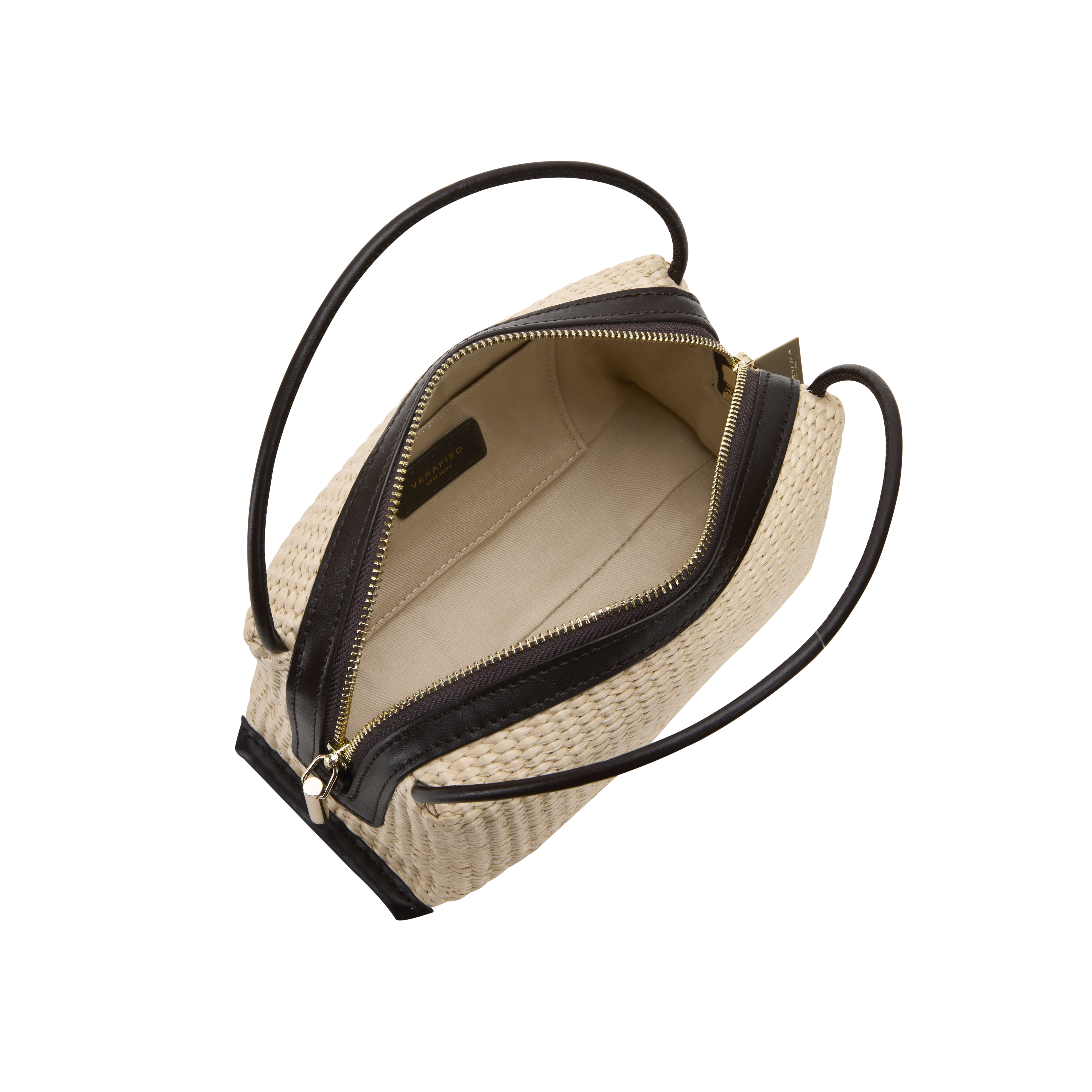 Beige Raffia Café Mini Crossbody Handbag with black handles and trim on a white background