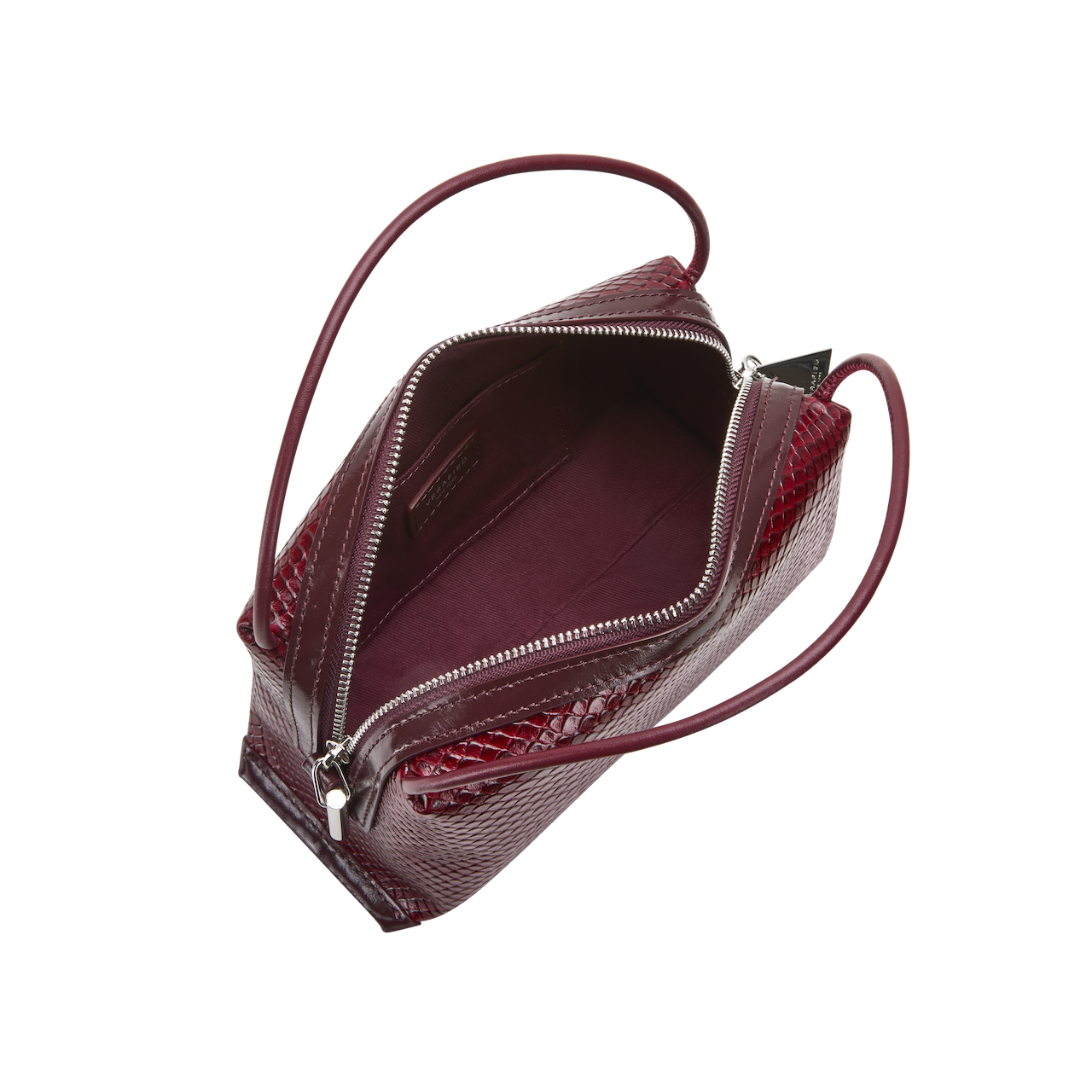 Maroon handbag with a shoulder strap on a white background