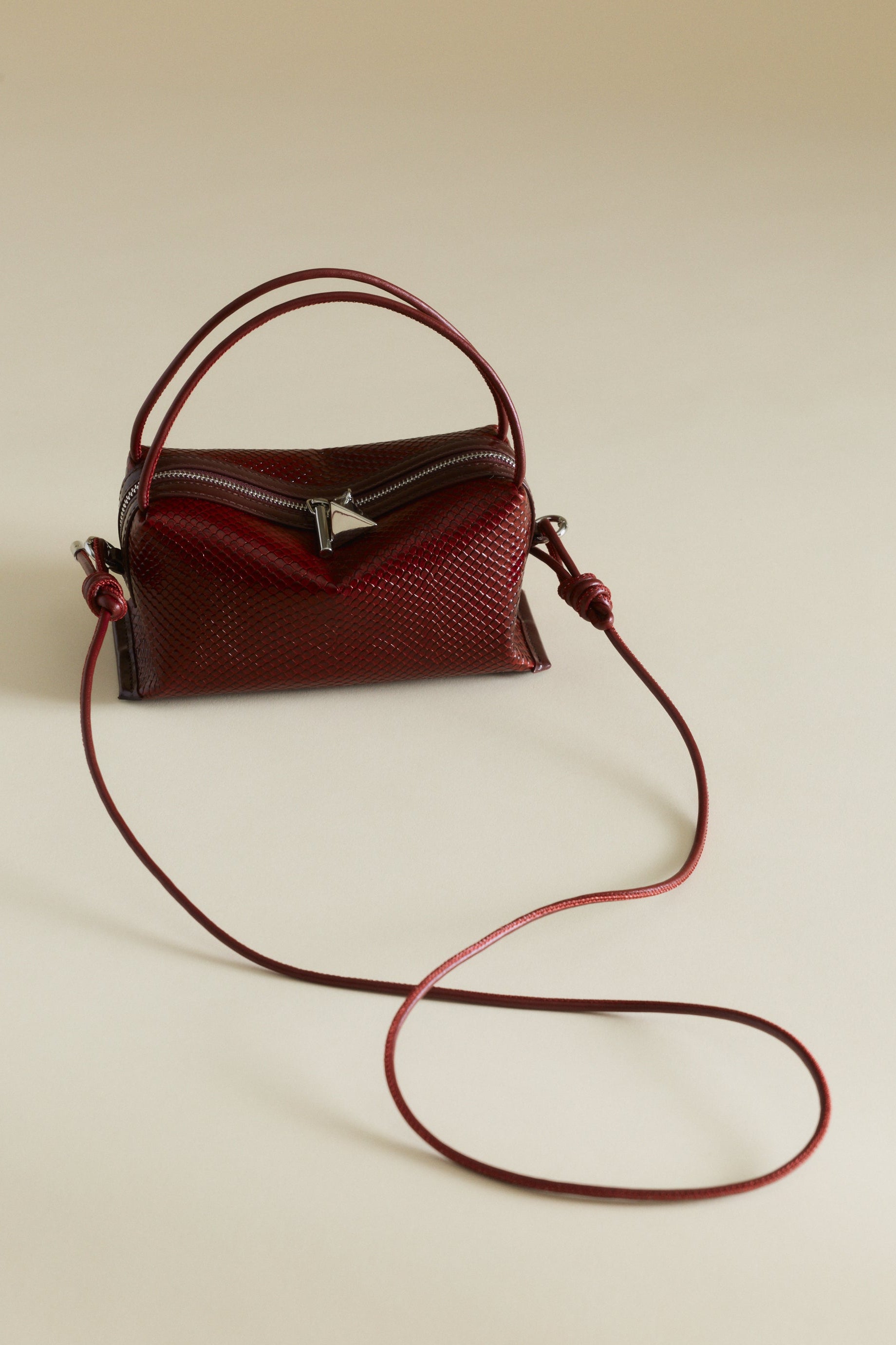 Maroon Python Café Mini Bag: Crossbody Handbag with a strap on a beige background