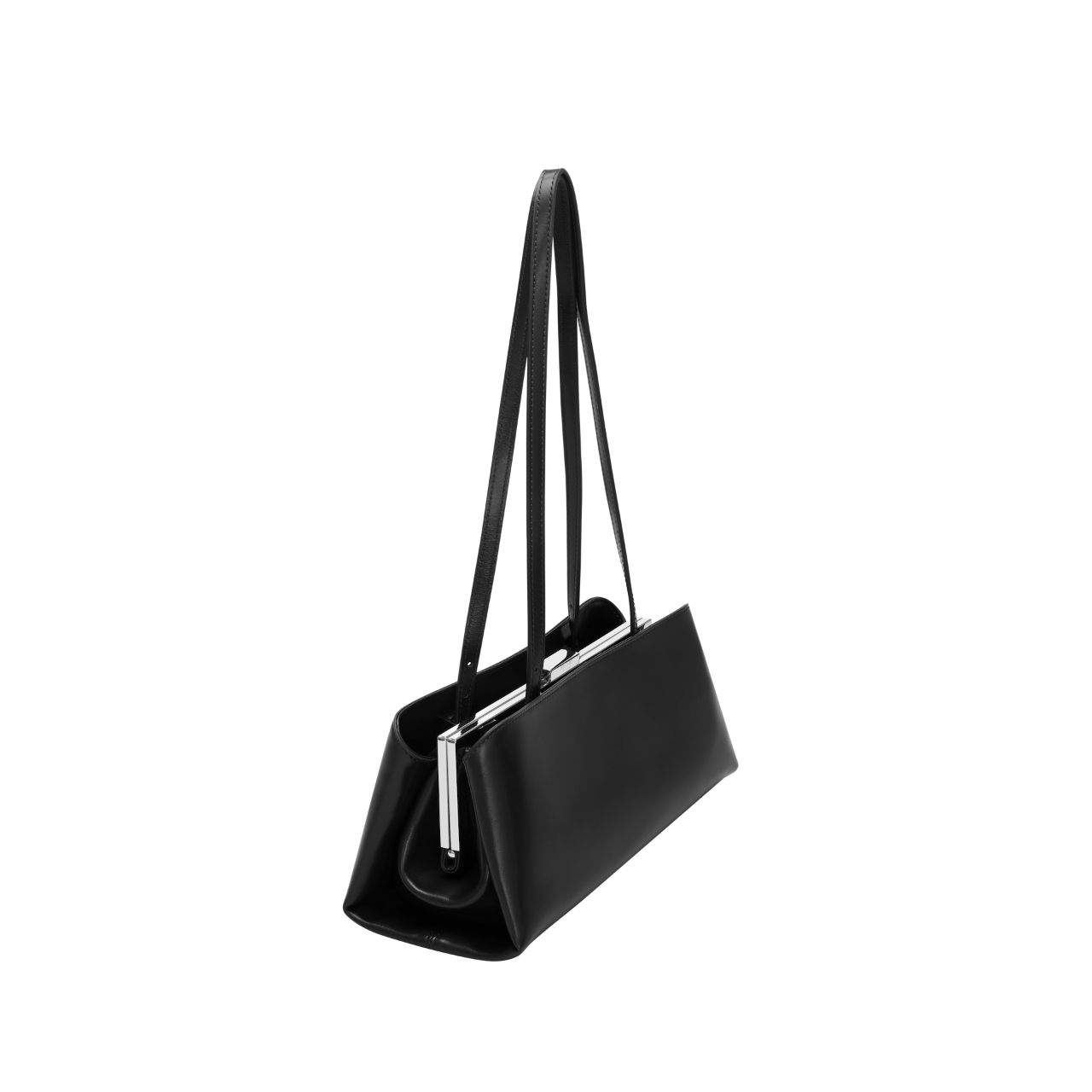 Black handbag with a long strap on a white background