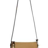 A gold suede hobo bag with a metallic lock and an adjustable shoulder strap.