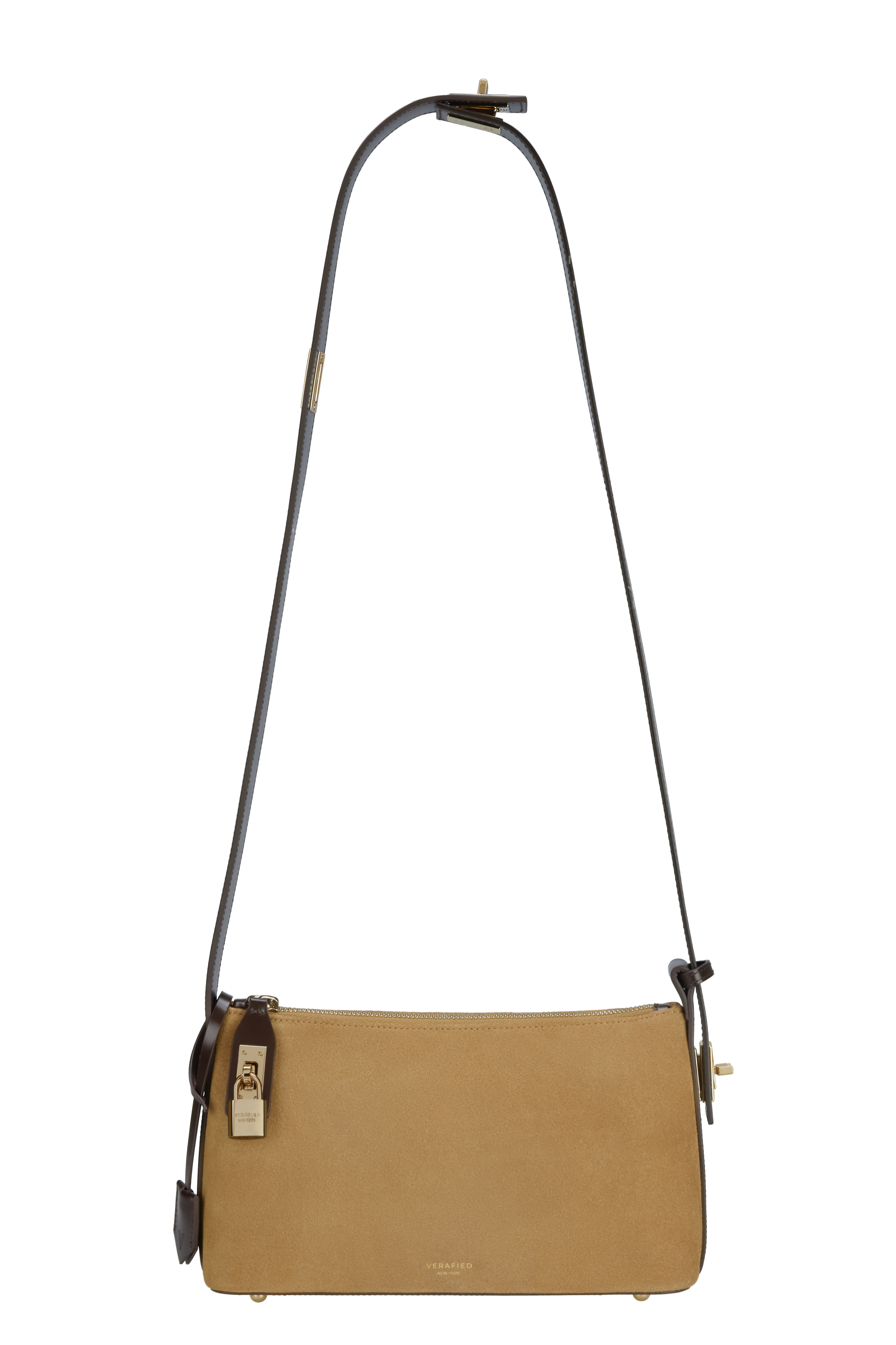 A gold suede hobo bag with a metallic lock and an adjustable shoulder strap.