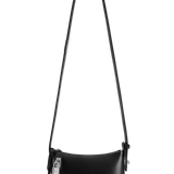 A black mini hobo shoulder handbag with a structured silhouette, a shoulder strap with clips, and a semi-structured handle.