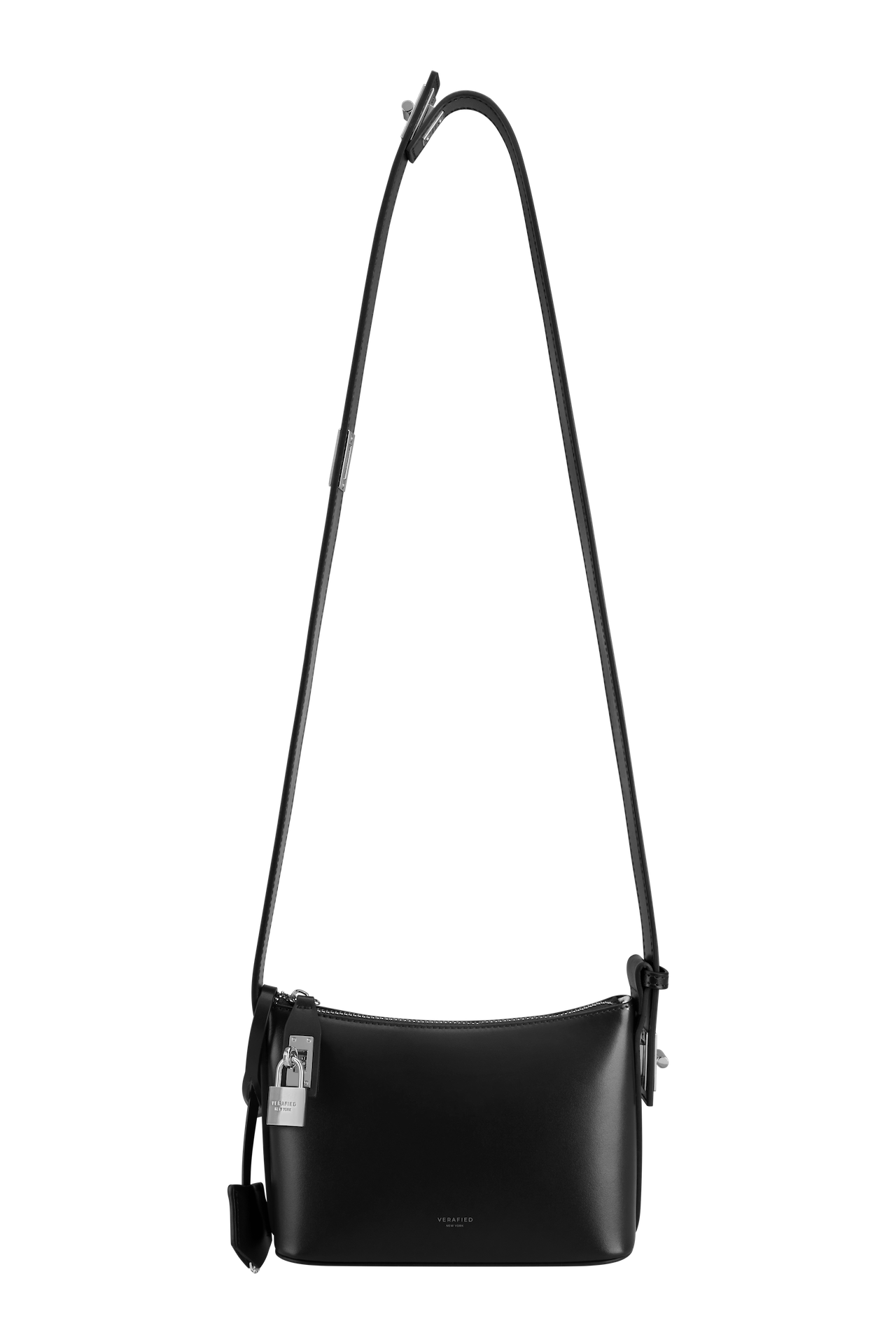 A black mini hobo shoulder handbag with a structured silhouette, a shoulder strap with clips, and a semi-structured handle.