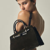 Espresso Suede Book Tote Bag 25 for Work with a model