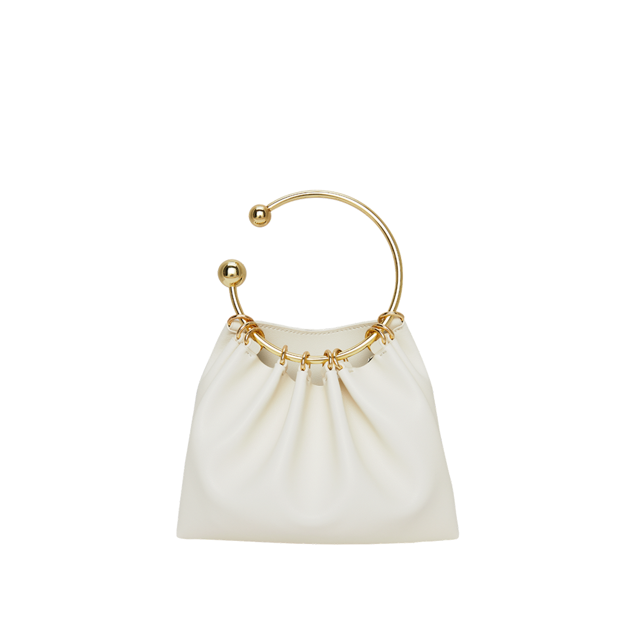 A cream-colored mini Cream Circle Ring Handle Bag with a gold-plated ring handle.