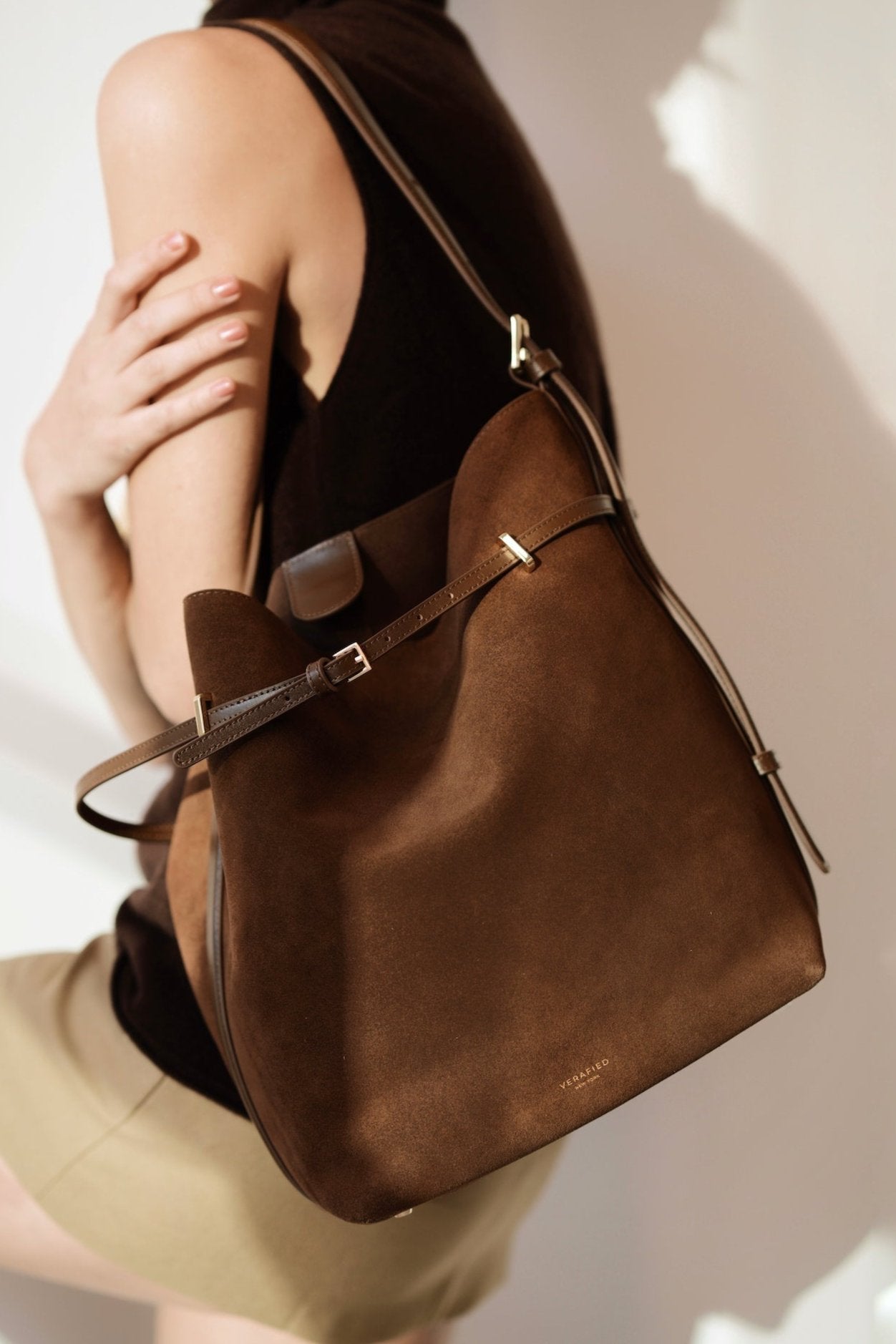 Toffee Suede Belted Tote Bag