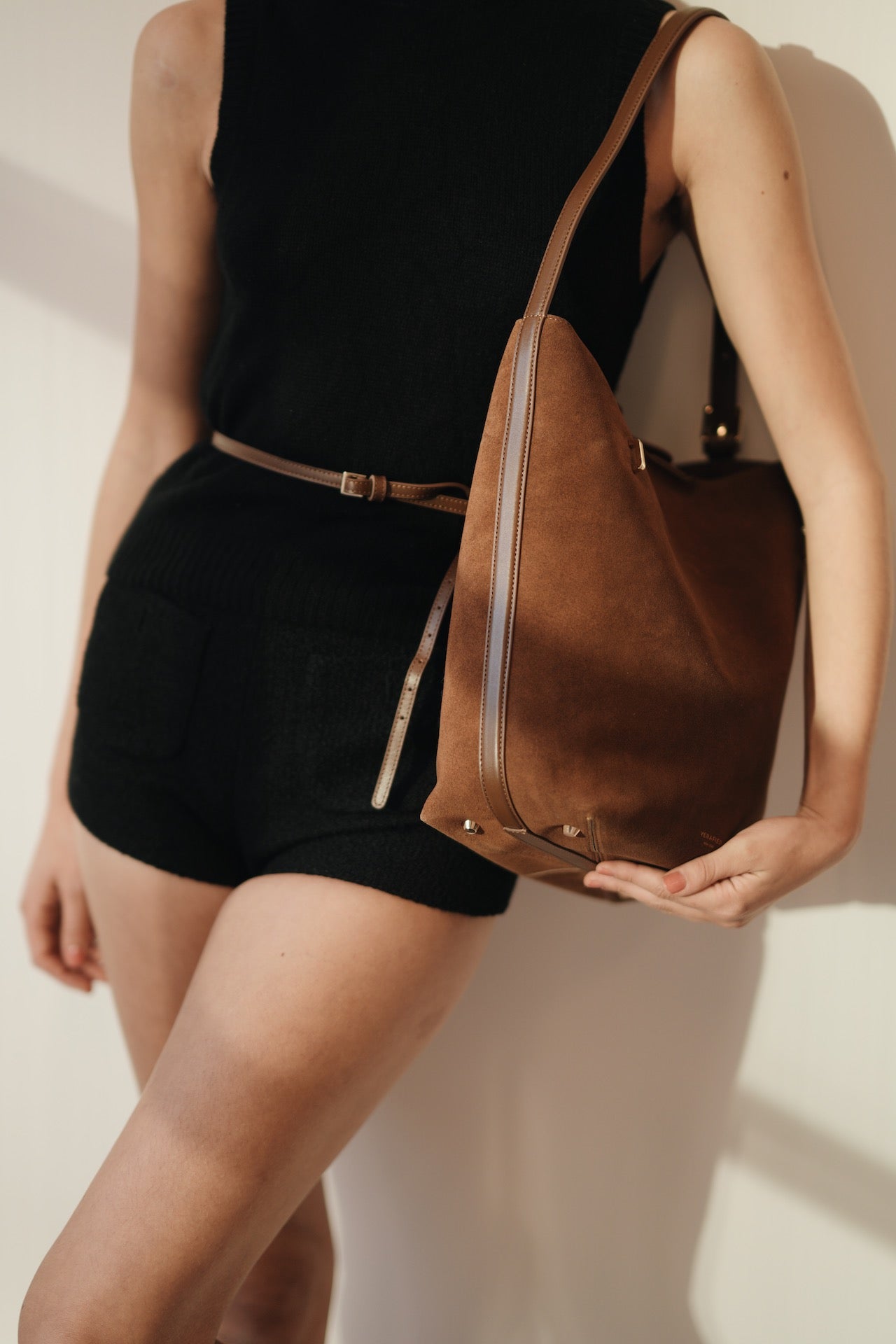 Toffee Suede Belted Tote Bag