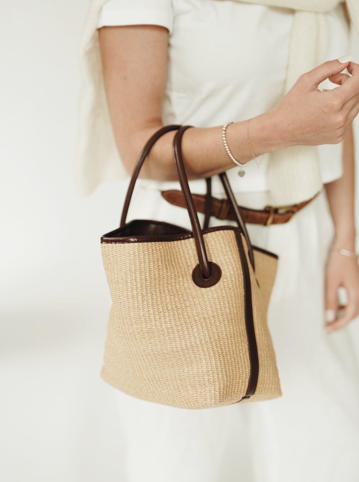 Leather-trimmed Raffia Bucket Bag(Final Sale)