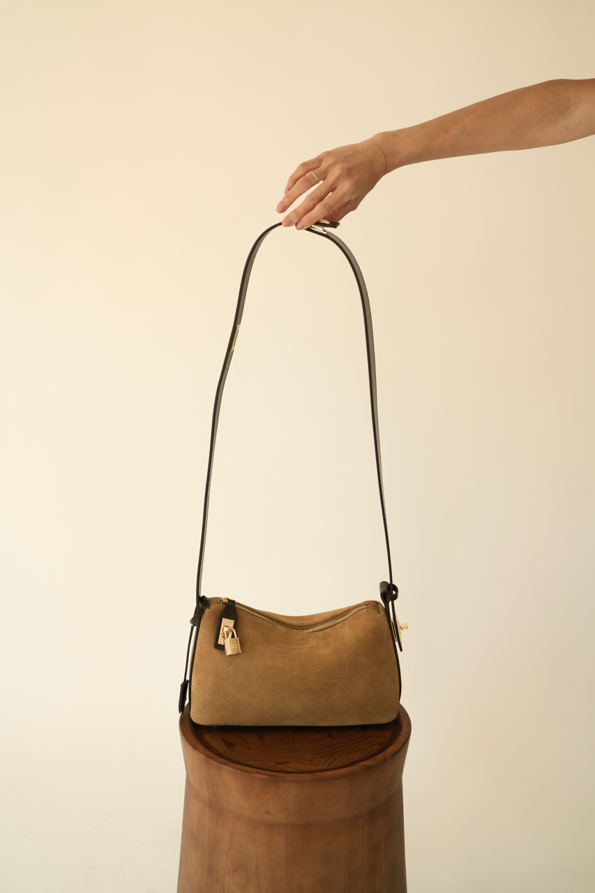 Gold Suede Hobo Shoulder Handbag