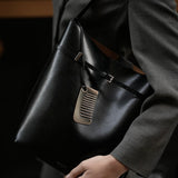 Black Belted Leather Tote Bag