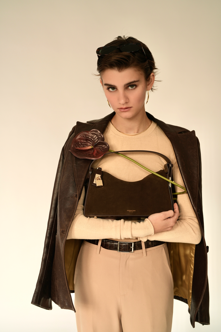 Gold Espresso Suede Hobo Shoulder Handbag and model