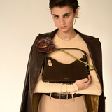 Gold Espresso Suede Hobo Shoulder Handbag and model