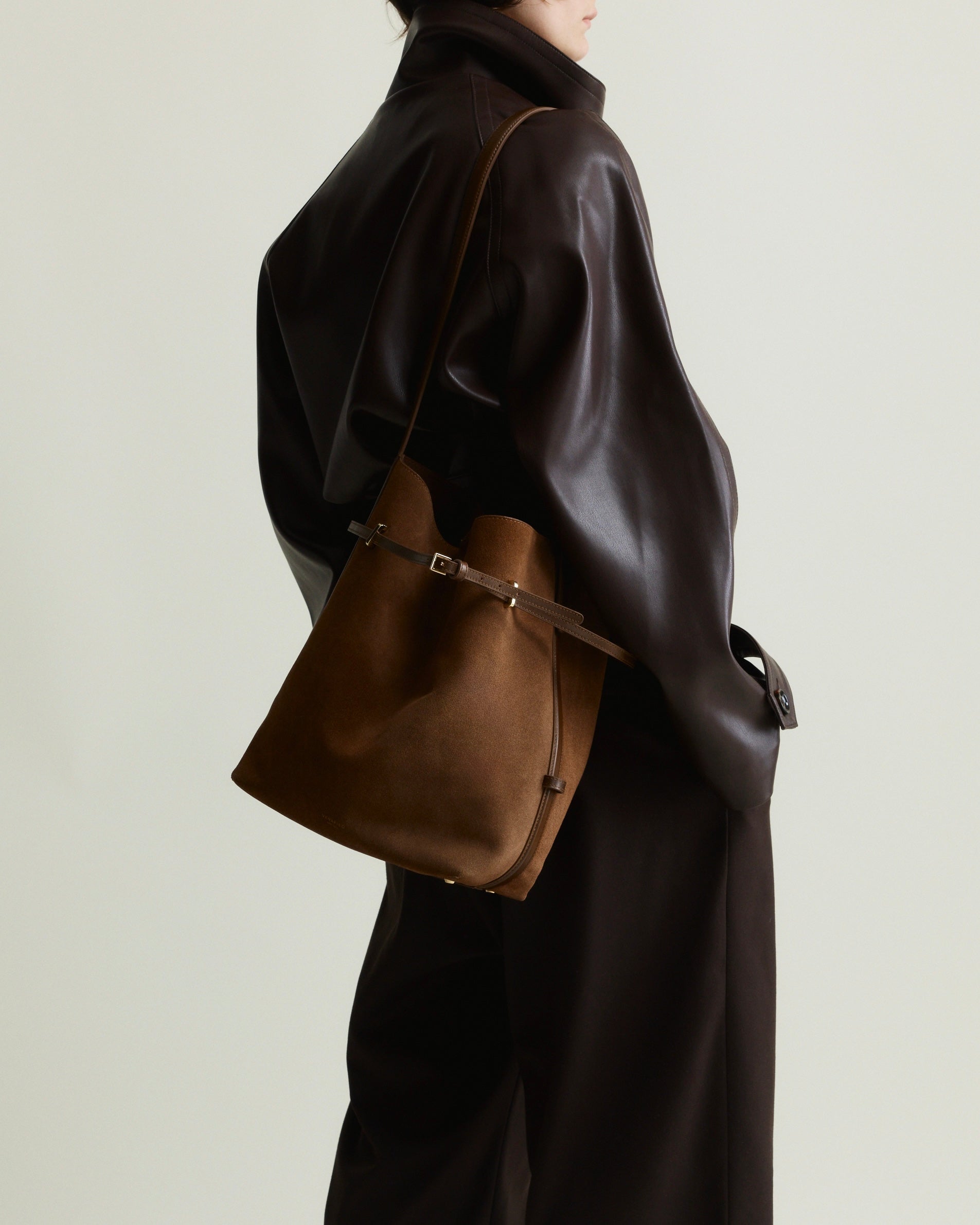 Toffee Suede Belted Tote Bag