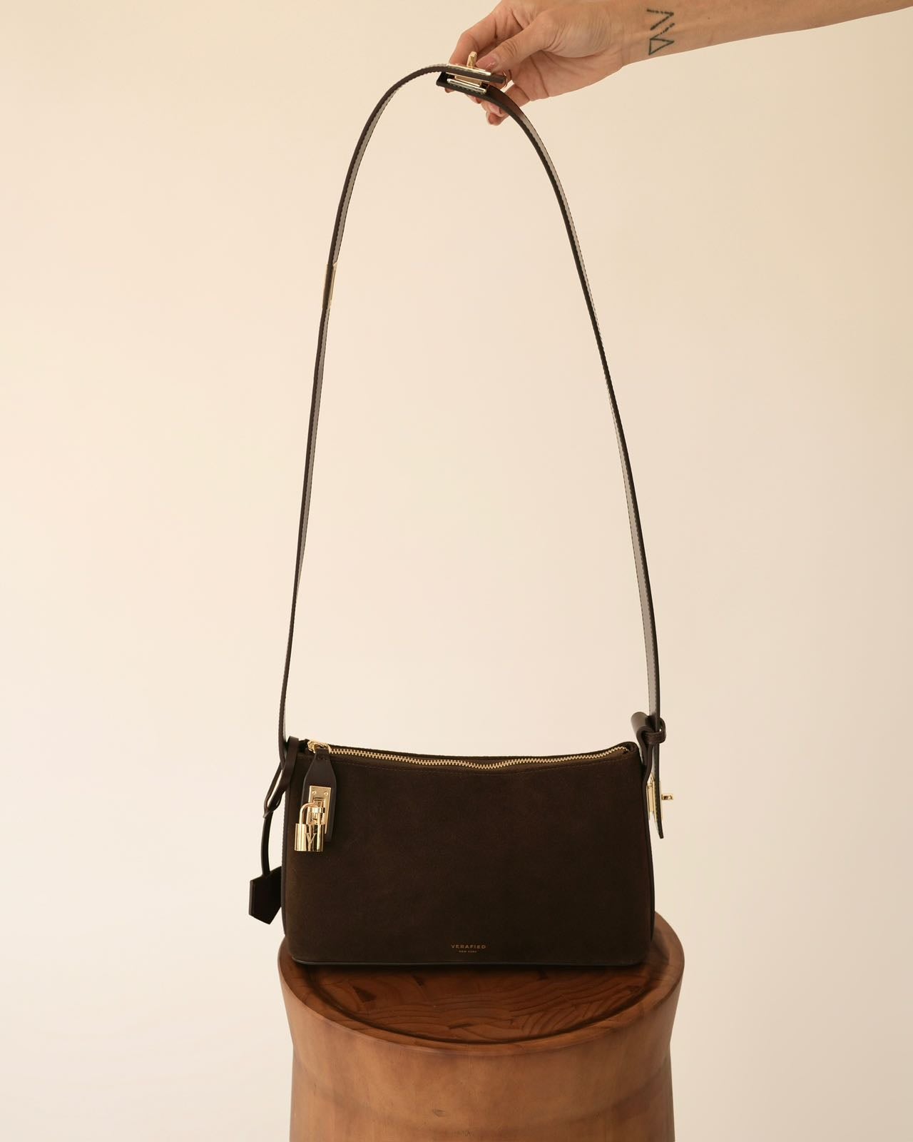 Gold Espresso Suede Hobo Shoulder Handbag with a long strap