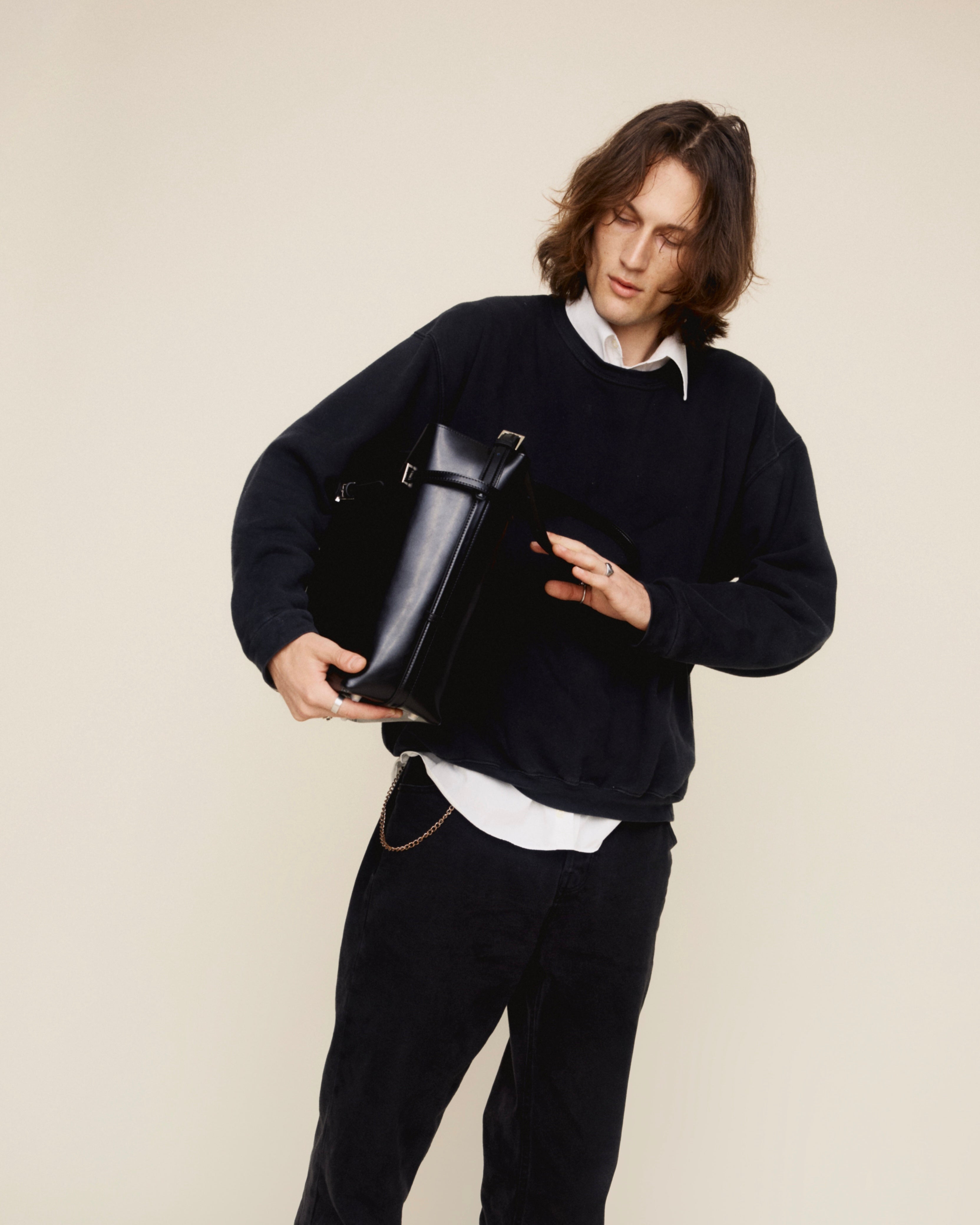 Black Belted Leather Tote Bag