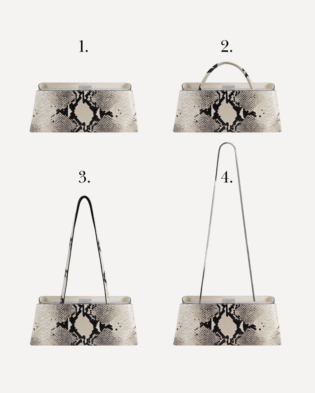 Four handbags with snake print on a white background