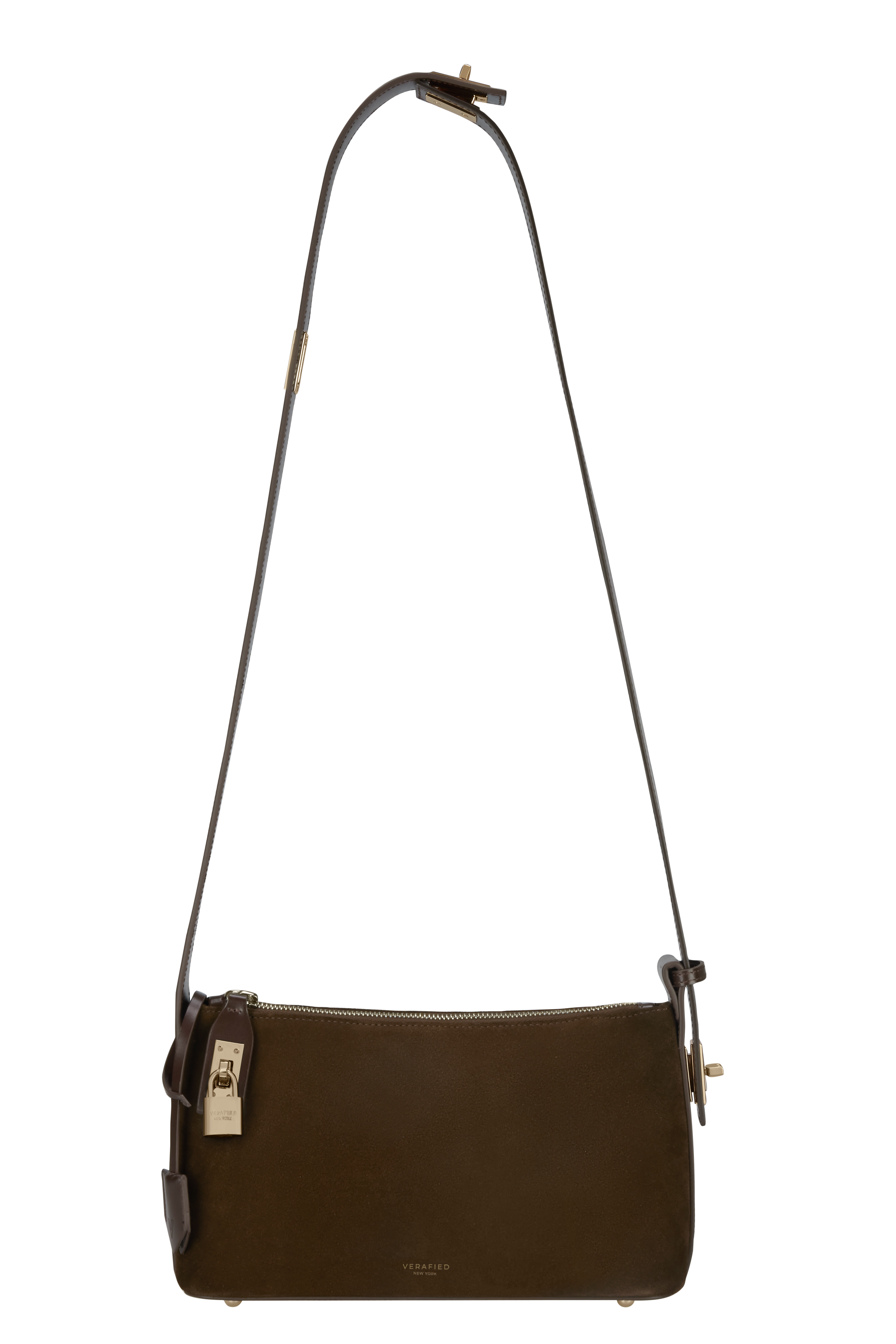 A brown suede hobo shoulder bag with an adjustable shoulder strap and a gold lock.