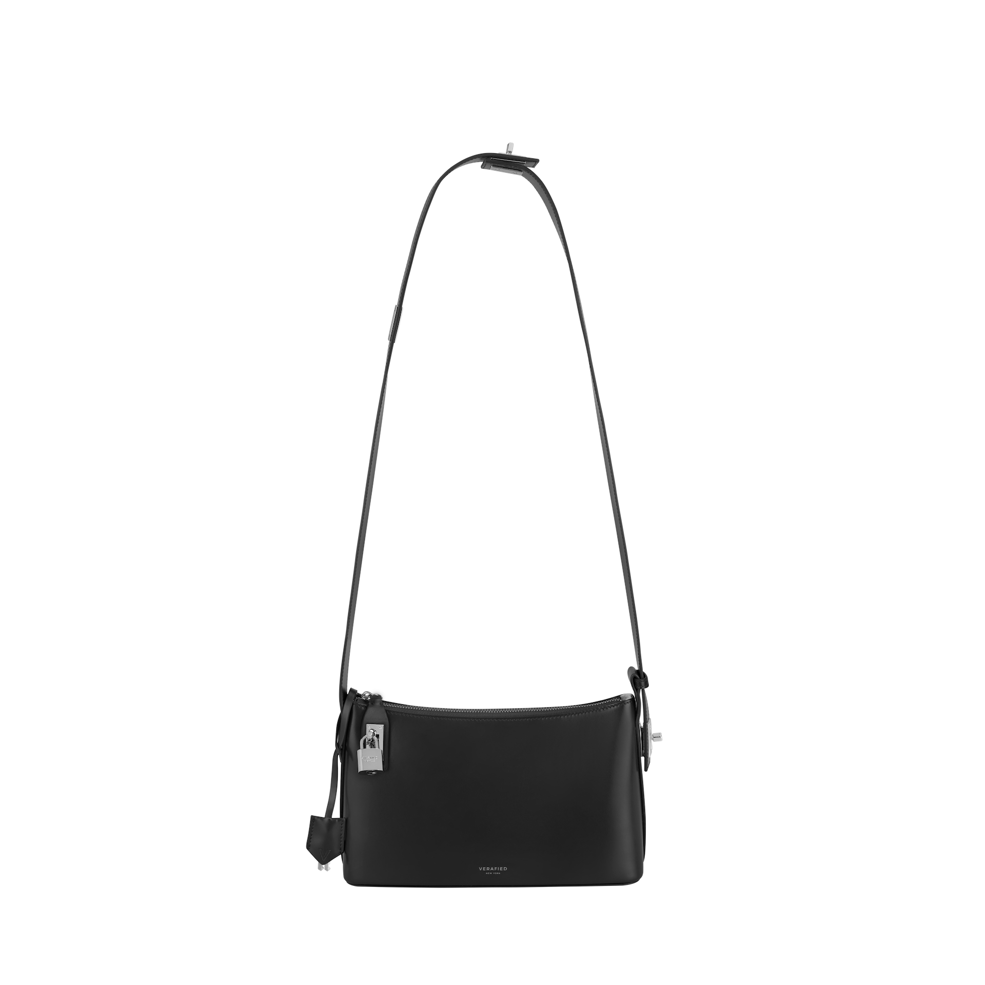 A black leather hobo shoulder handbag with an adjustable shoulder strap, displayed against a plain background.